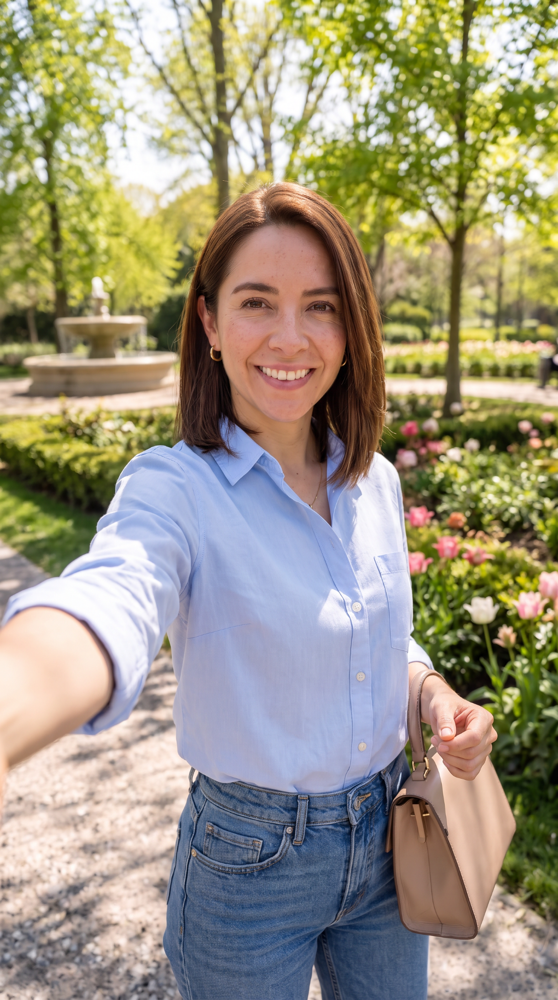 La misma modelo con camisa azul en un parque